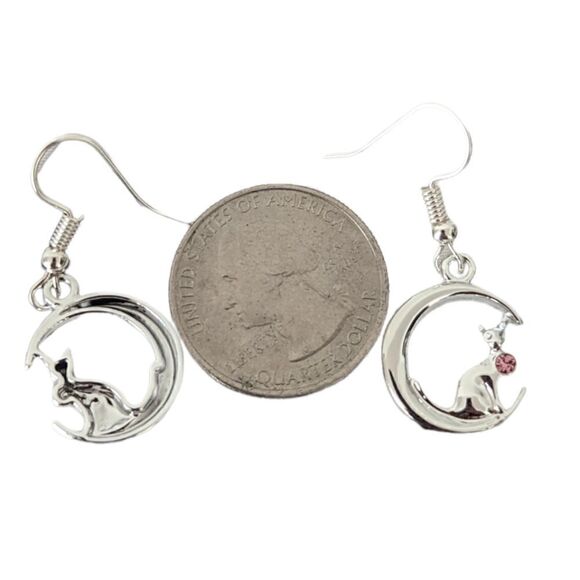 Cat Moon Pink Rhinestone Earrings - Picture 2 of 4